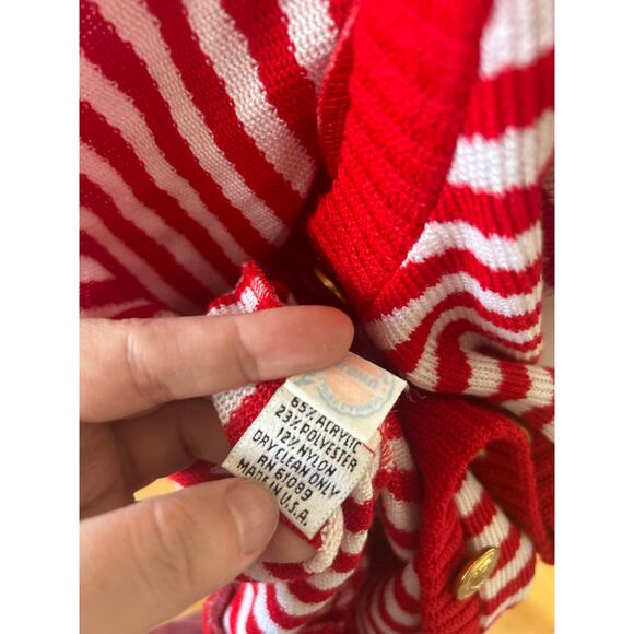 Vintage 90s Red & White Stripe Gold Button Nautical Cardigan - Picture 7 of 8